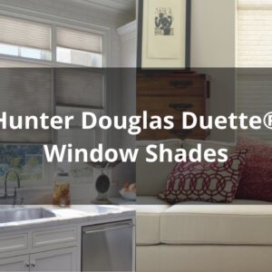 A bright living space with Custom Window Shades covering large windows, a kitchen counter with a sink, and a cozy white sofa with patterned pillows. Text overlay reads "Custom Window Shades.