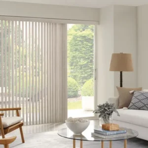 Light-colored Custom Vertical Blinds covering a sliding glass door and a window in a living room.