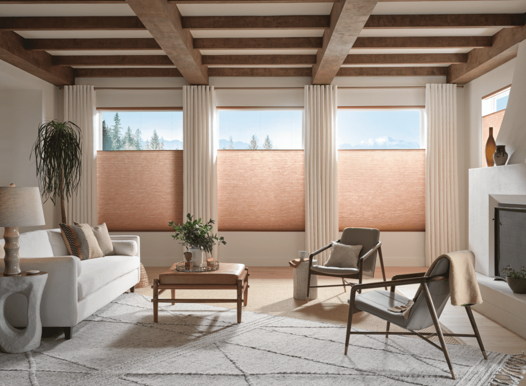 A modern living room features wooden ceiling beams, light furniture, a coffee table with plants, a fireplace, and large windows with Applause® Honeycomb Shades filtering in natural light. A patterned rug adds warmth to the floor.