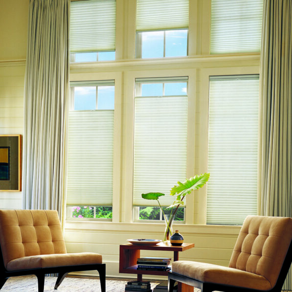 A bright living room with large windows, Applause® Honeycomb Shades, two tan cushioned chairs, a wooden side table holding books and a plant, and light-colored curtains framing the windows.