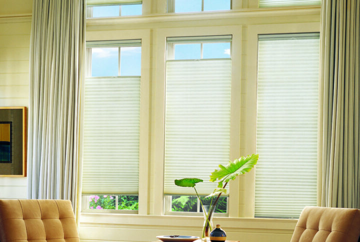 A bright living room with large windows, Applause® Honeycomb Shades, two tan cushioned chairs, a wooden side table holding books and a plant, and light-colored curtains framing the windows.