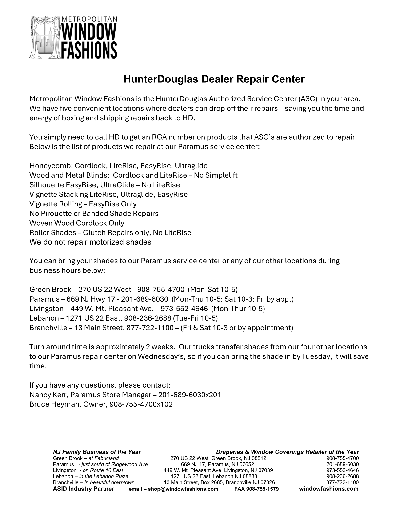 A black-and-white flyer for HunterDouglas Dealer Repair Center lists repair information, authorized brands, types of repairs, contact details, and business hours for Metropolitan Window Fashions in New Jersey.