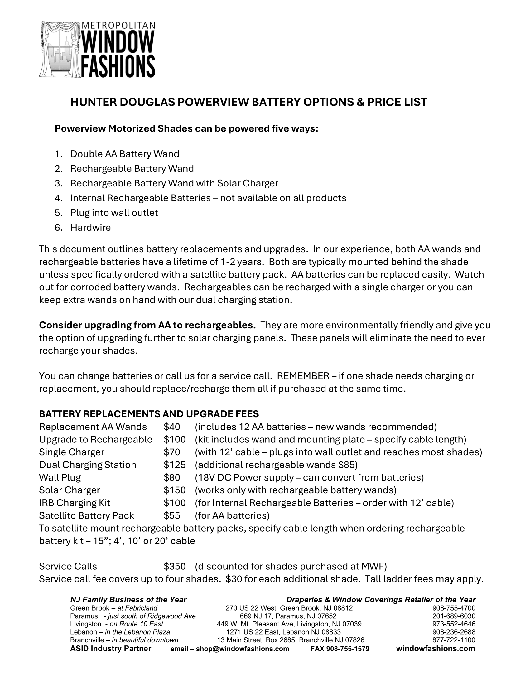 A detailed price list from Metropolitan Window Fashions outlining Hunter Douglas Powerview battery options, replacement services, and service call rates, with instructions and contact information at the bottom.