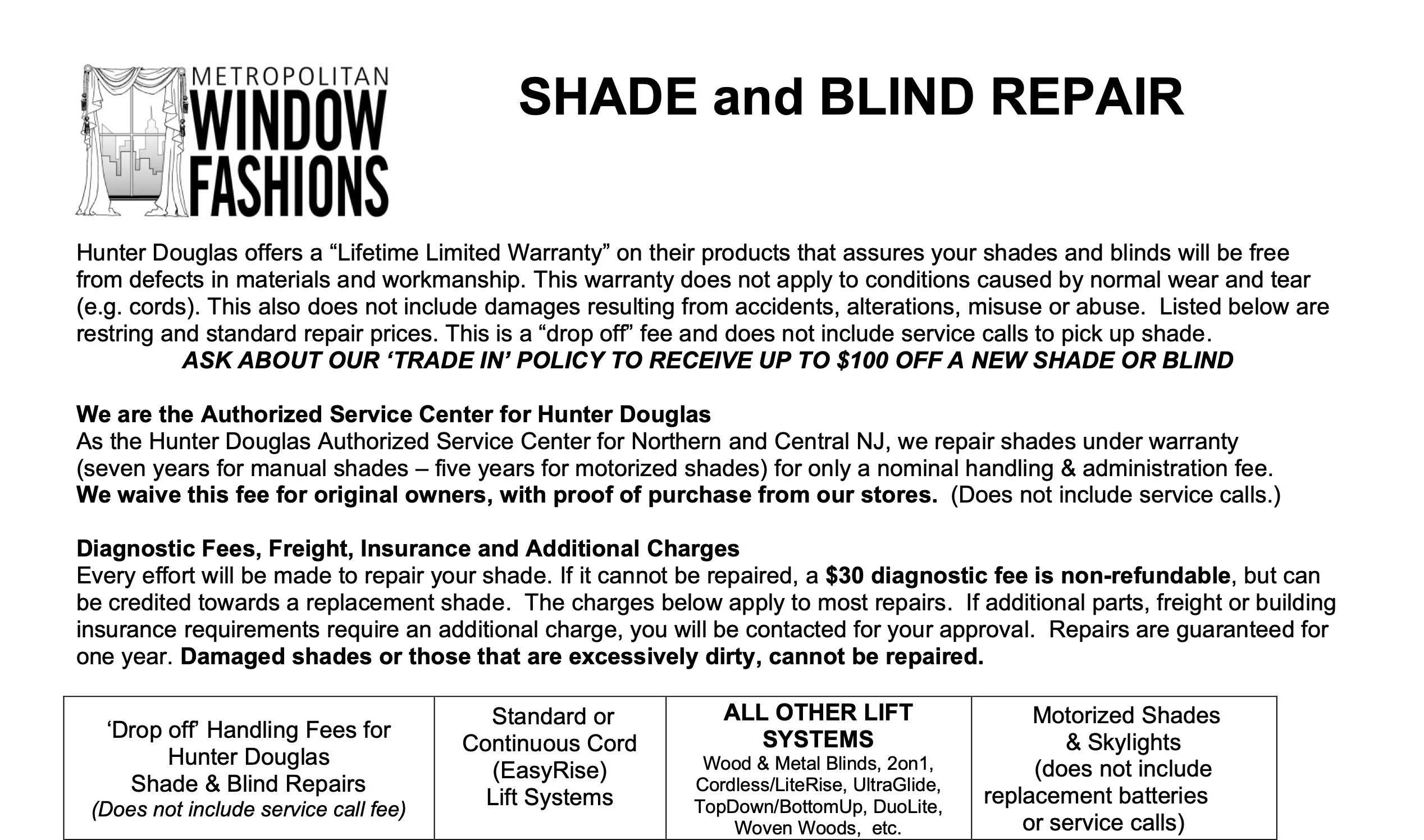 A flyer for Metropolitan Window Fashions details shade and blind repair services, warranty info, pricing, policies, and a chart listing types of repairs for Hunter Douglas and other lift systems.