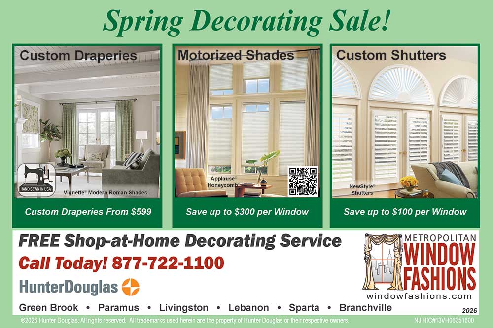 Spring Decorating Sale ad for Metropolitan Window Fashions showing custom draperies, motorized shades, and custom shutters, with prices and savings listed. Includes contact number and store locations at the bottom.