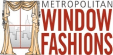 Logo for Metropolitan Window Fashions featuring gold curtains framing a window with a cityscape outline, and bold red text reading "WINDOW FASHIONS" beside smaller gray text "METROPOLITAN.