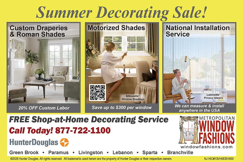 Summer Decorating Sale ad for Metropolitan Window Fashions, featuring custom draperies, motorized shades, and national installation, with shop-at-home service and a phone number to call. Hunter Douglas logo included.
