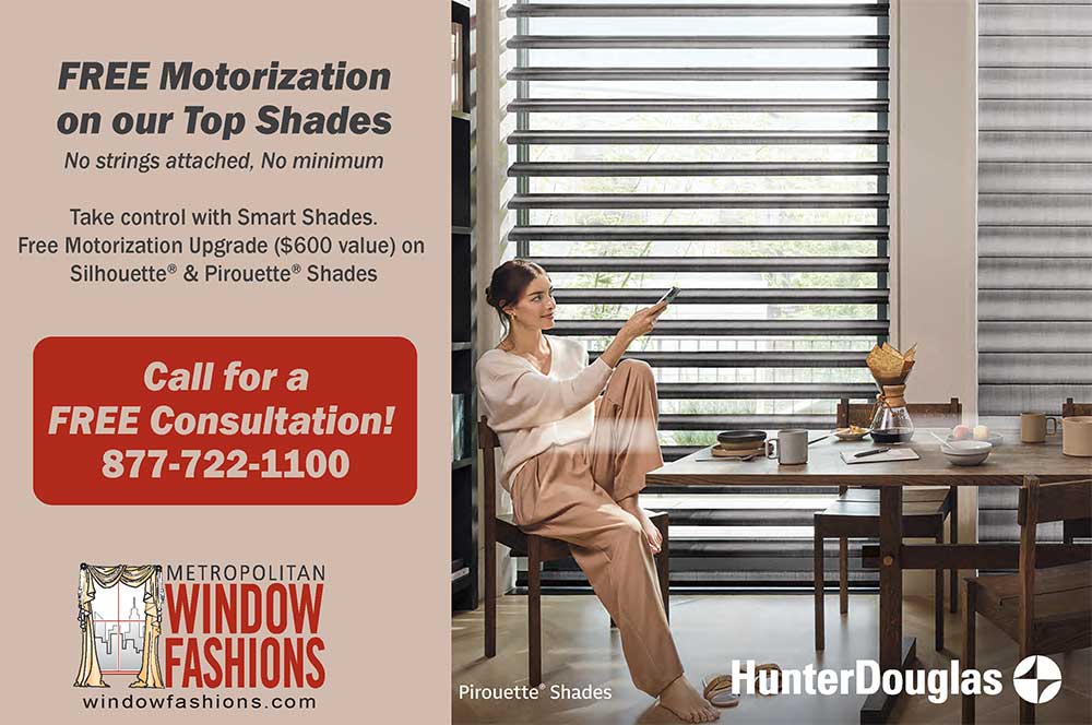 A woman sits by a window with modern shades, holding a remote. Text offers free motorization on top shades and a free consultation from Metropolitan Window Fashions. Hunter Douglas logo is visible.