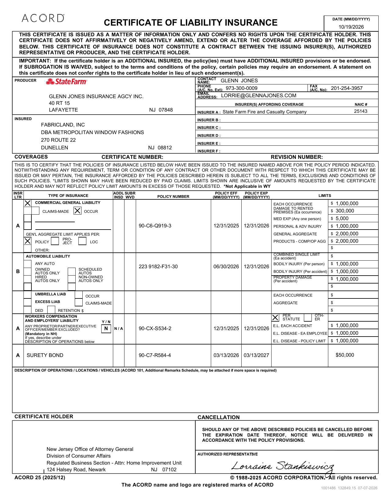 Certificate of Liability Insurance form for Fabricland, Inc., issued by State Farm, showing policy coverage details, limits, and effective dates expiring between 2025 and 2027.