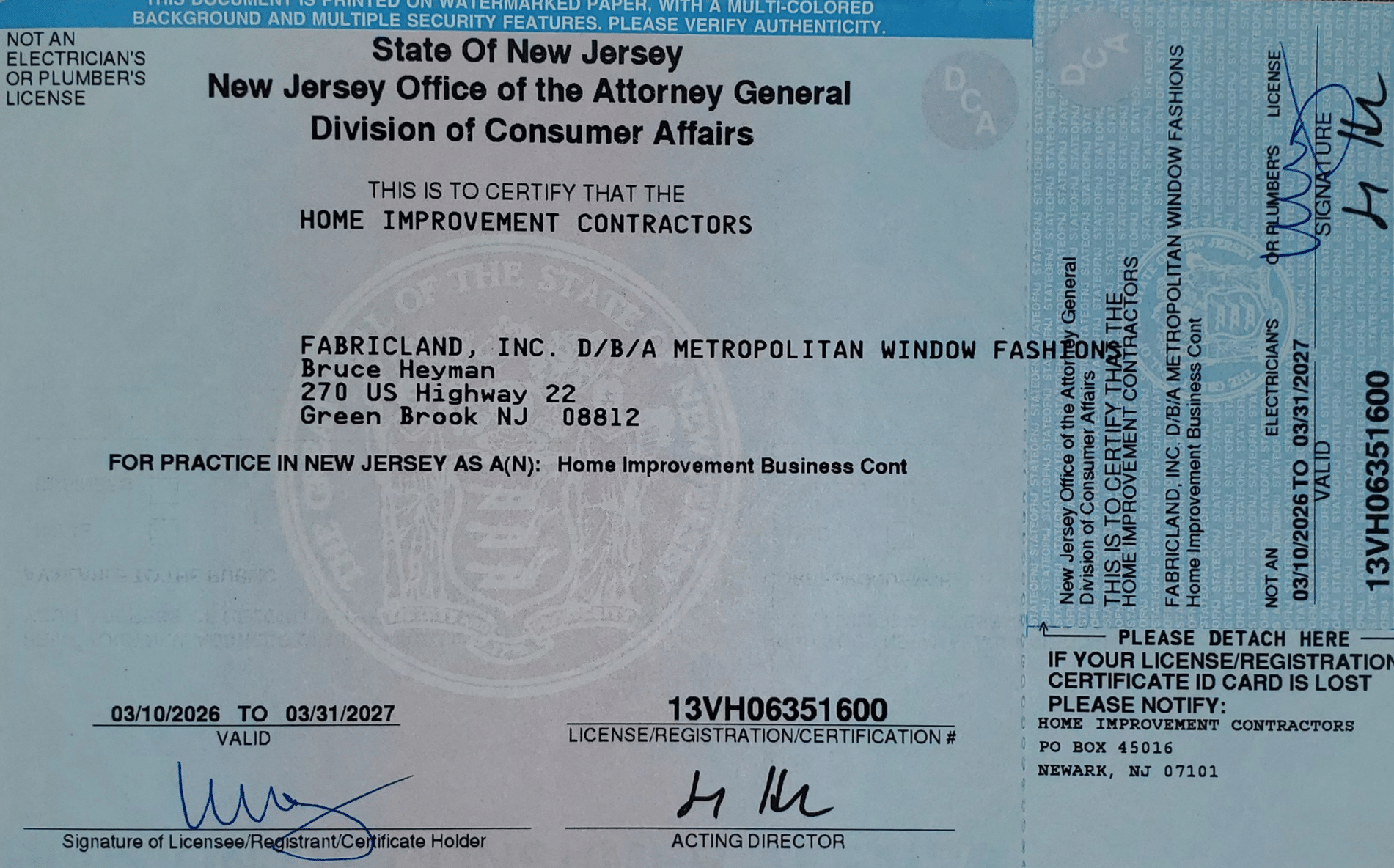 New Jersey Home Improvement Contractor registration certificate for Fabricland, Inc., DBA Metropolitan Window Fashions, registration number 13VH06351600, valid through March 31, 2027.