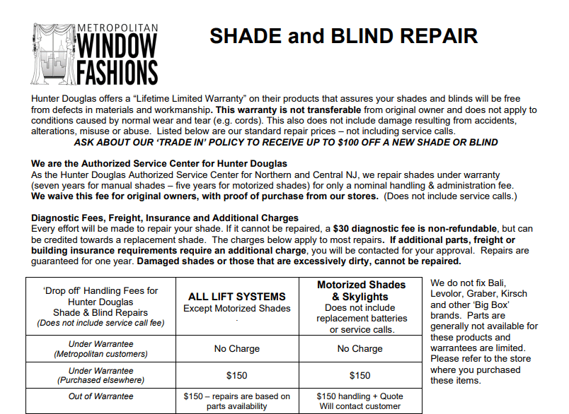 Information sheet for Metropolitan Window Fashions shade and blind repair services, including warranty details, diagnostic fees, and a pricing table for different lift systems.